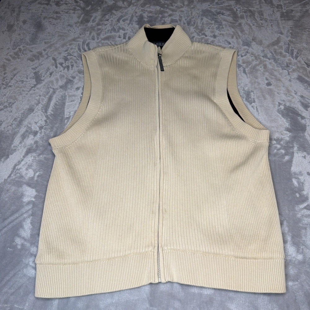 Aureus BreezeBlocker Sweater Vest Men's L Beige Full Zip Mock Neck Cotton